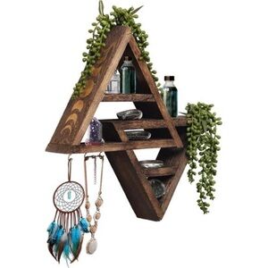 Moon Phase Triangle Shelf with Hooks -Moon Shelf for Crystal Display -Dark Brown